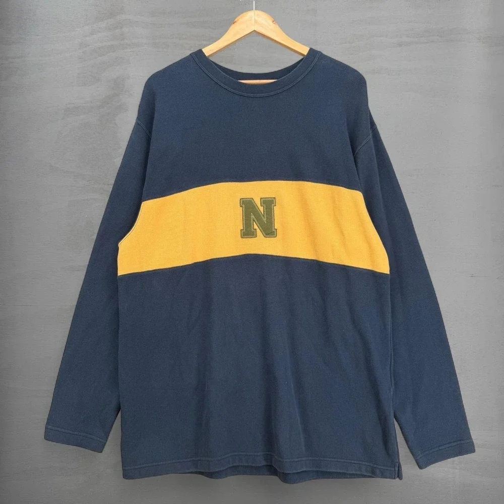 Vintage Nike Long Sleeve Sweater Shirt Navy Blue Yellow Colorblock Y2K Large